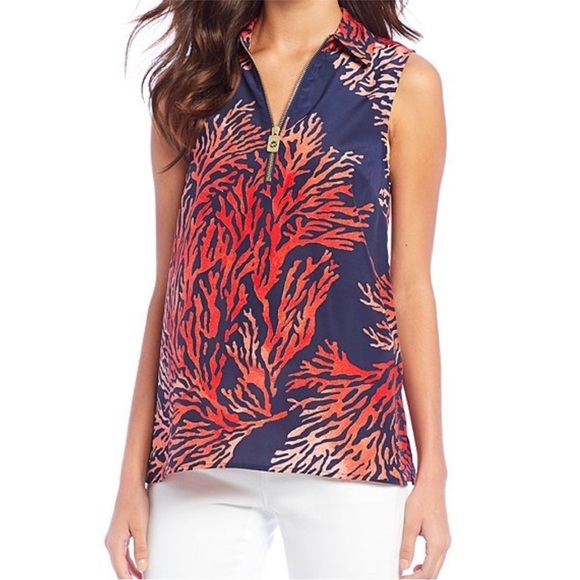 Michael Kors Coral Reef Blouse Top Tank NWT XS Red Gold Orange Summer Shirt - Picture 1 of 11